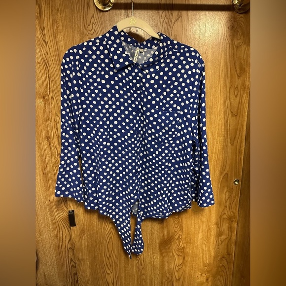 Blue Polka‎ Dot Button-Up Blouse M - Picture 1 of 9
